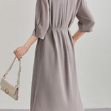 Minimalist elegant V-neck waist-cinched dress