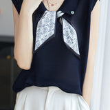 Collared scarf half-button sleeveless knit T-shirt