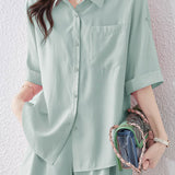 Button-up short sleeve shirt with waist tie pleated shorts set