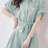 Button-up short sleeve shirt with waist tie pleated shorts set