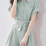 Button-up short sleeve shirt with waist tie pleated shorts set