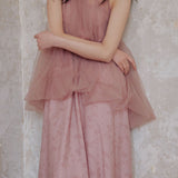 Halter neck tulle switching shading dicelup gaun panjang dengan lapisan, disertakan 3 warna