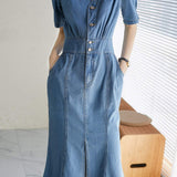 V-Neck Front Slit Mermaid Denim Dress