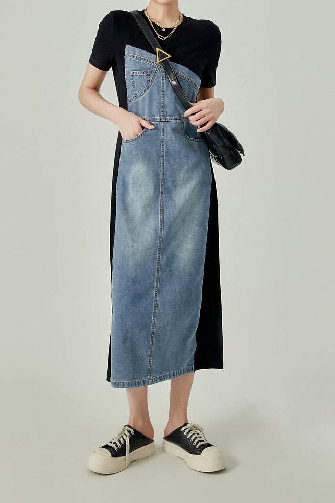 異素材切替バックスリットロングシフトデニムワンピース - liwisi