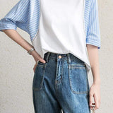 Striped Contrast Stitch Decor Dolman Sleeve T-Shirt