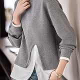 Layered Look Mixed Material Round Neck Sweatshirt