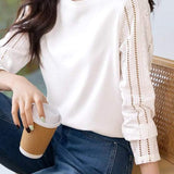 Mixed Material Round Neck Lace Sleeve T-Shirt