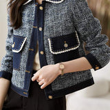 Elegant Denim Patchwork Elegant Boucle Coat