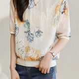 Round Neck Flower Embroidered Printed T-Shirt with Lining