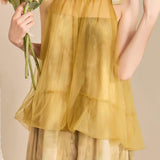 Halter neck tulle switching shading dicelup gaun panjang dengan lapisan, disertakan 3 warna