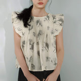 Flower Print Flare Sleeve Pintuck Blouse