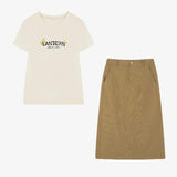Two-Piece Set: Round Neck Flower Embroidered Logo Print T-Shirt + Side Pocket Straight Long Skirt