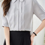 Peter Pan Collar Front Tuck Satin Blouse - 2 Colors Available