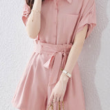 Button-up short sleeve shirt with waist tie pleated shorts set