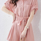 Button-up short sleeve shirt with waist tie pleated shorts set