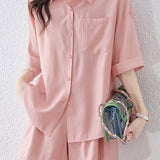 Button-up short sleeve shirt with waist tie pleated shorts set